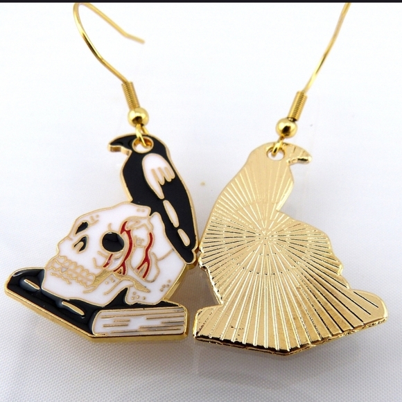 Raven on Skull Mysterious Black Bird Book of Poet Halloween Goth Spooky Earrings - Picture 3 of 7